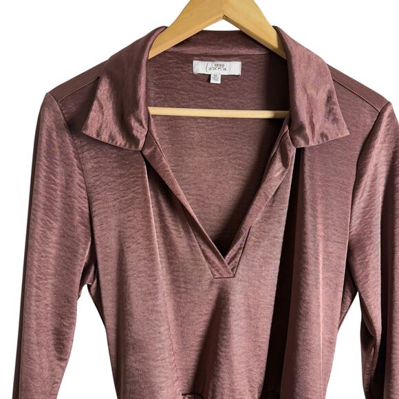 Louna Brown Jersey Long Sleeve Ruched Belted Collared Mini Dress Size XL - Picture 9 of 15